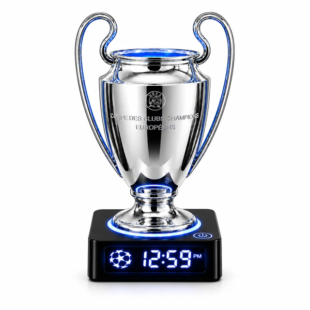 Réveil trophée football argenté sur socle noir, avec affichage numérique et anneau lumineux bleu