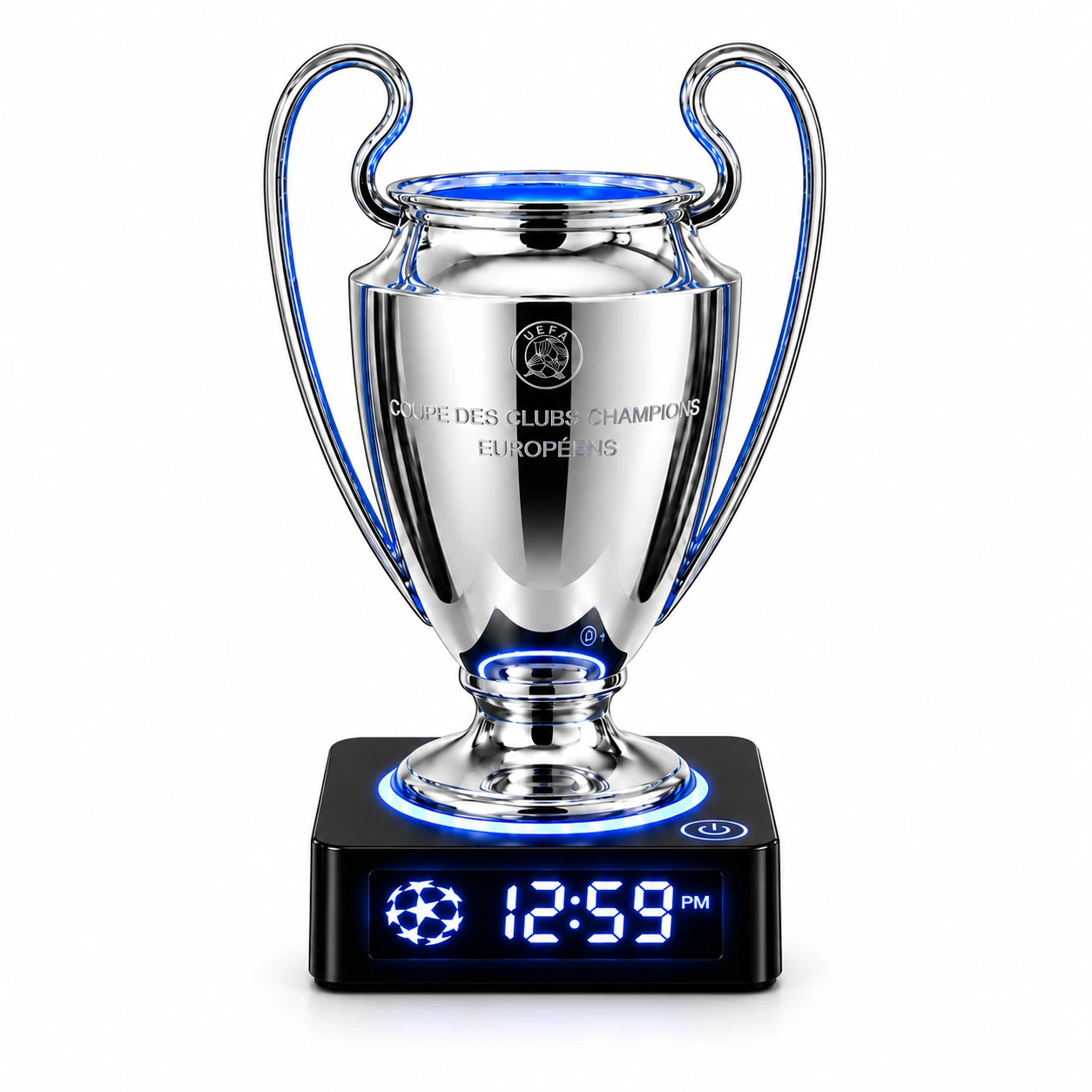 Réveil trophée football argenté sur socle noir, avec affichage numérique et anneau lumineux bleu