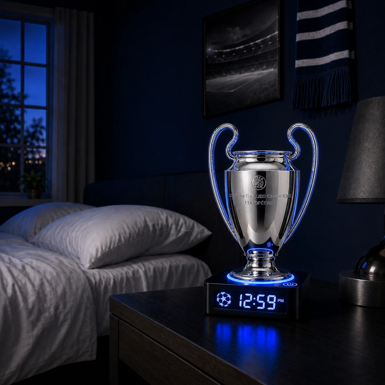 Mise en scène du réveil trophée et de sa lumière bleue dans une chambre