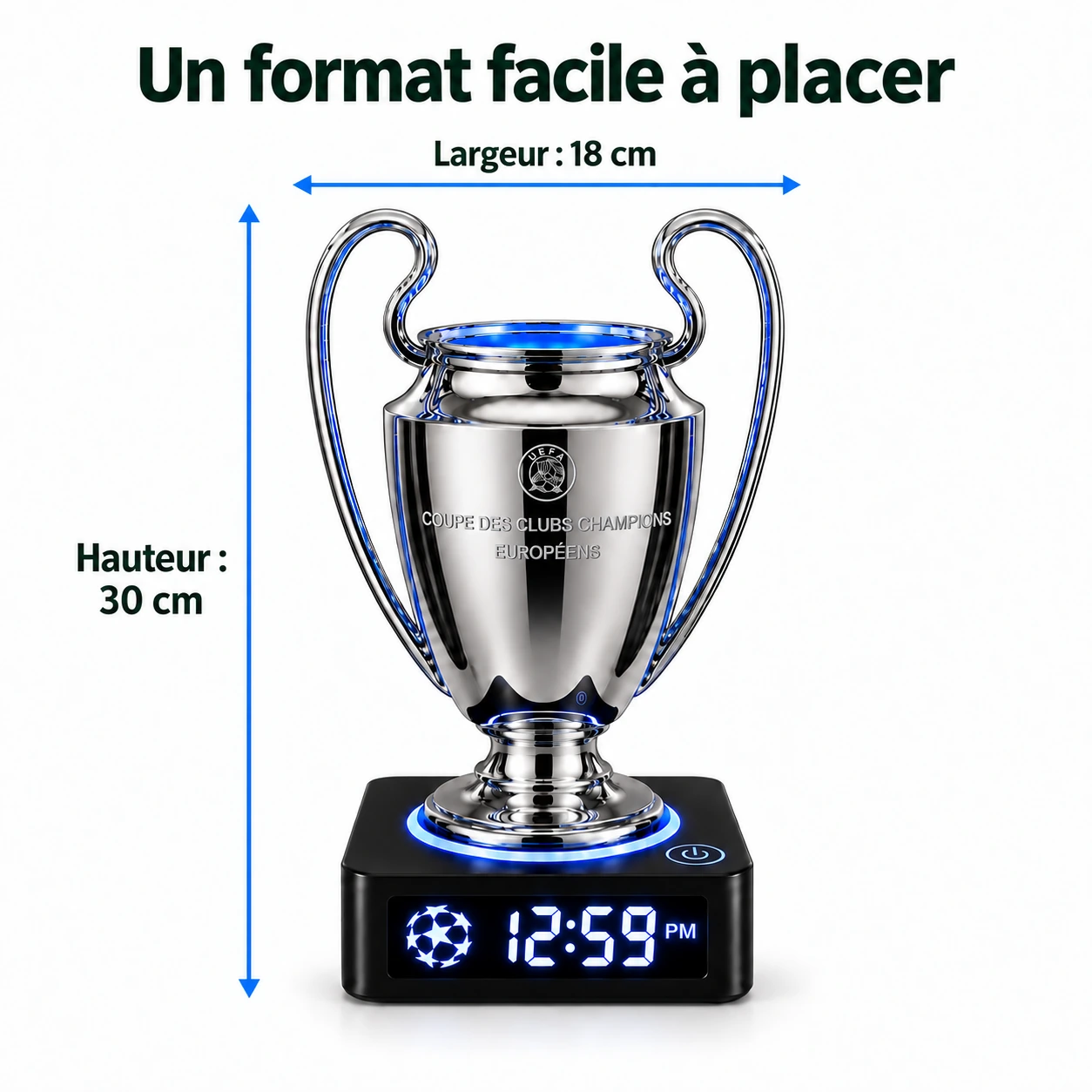 Dimensions du réveil trophée gravé « Coupe des clubs champions européens » : hauteur 30 cm et largeur 18 cm