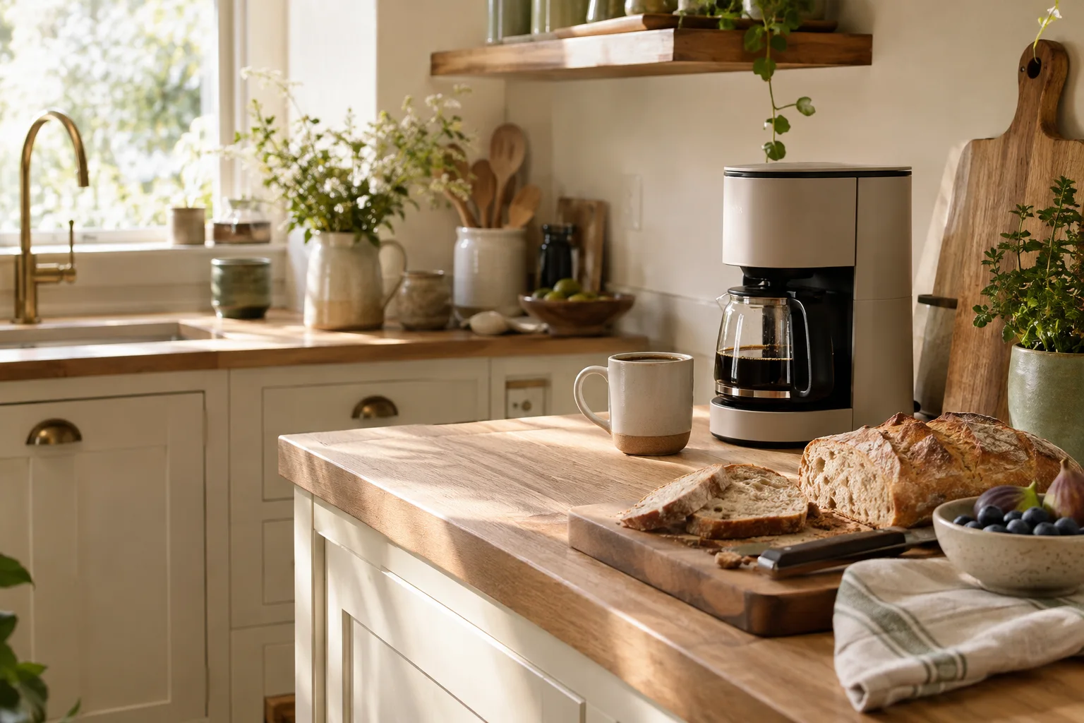 Une cuisine chaleureuse en bois clair, un petit déjeuner prêt sur le plan de travail