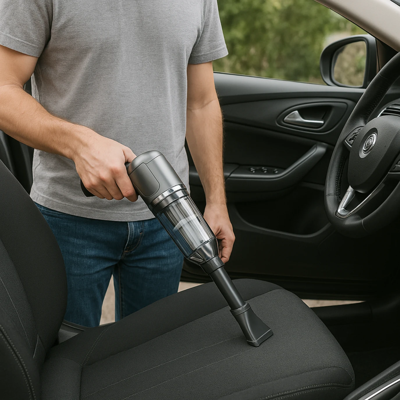 Aspirateur sans fil avec embout long utilisé sur un siège de voiture
