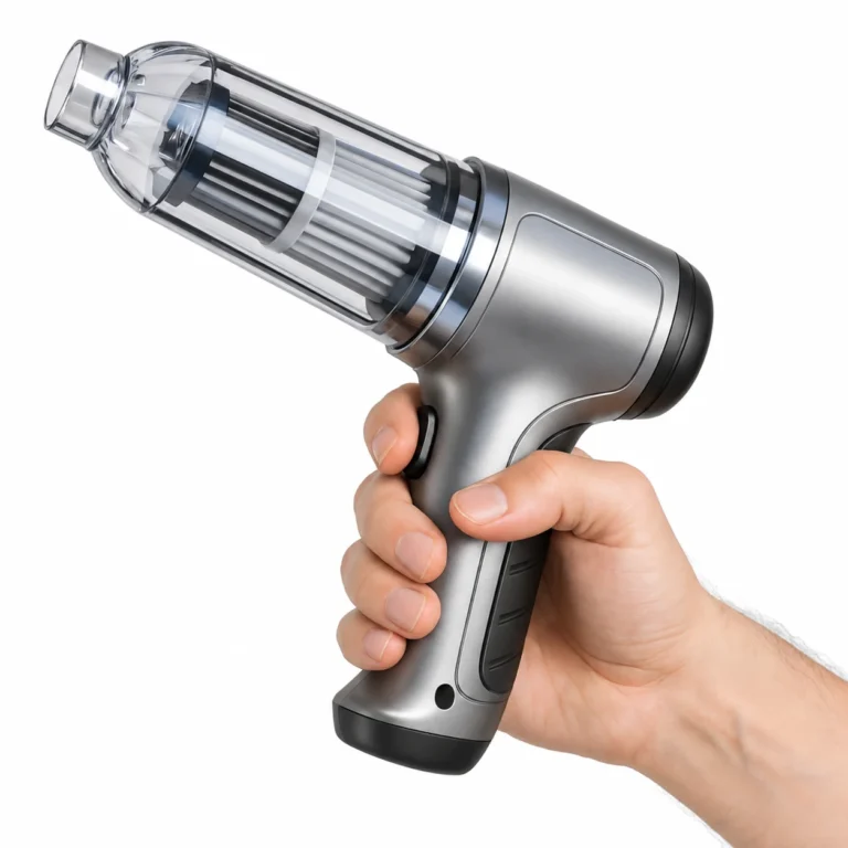 Aspirateur compact argenté tenu en main, réservoir transparent et filtre visibles