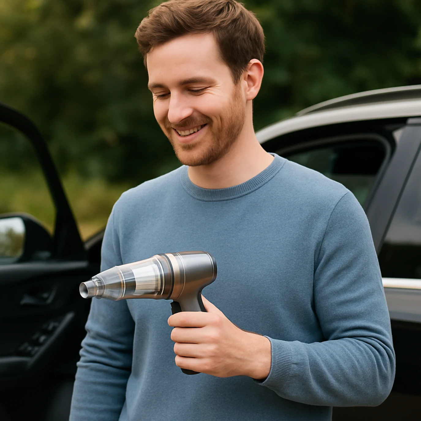 Prise en main de l’aspirateur compact à côté d’une voiture