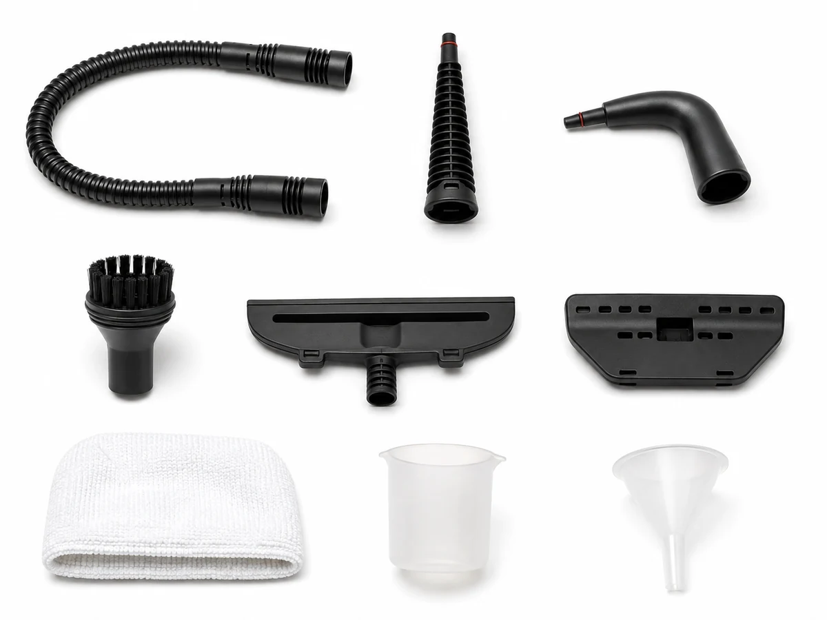 Les neuf accessoires du modèle de référence sur fond blanc. Composition créée avec l’IA.