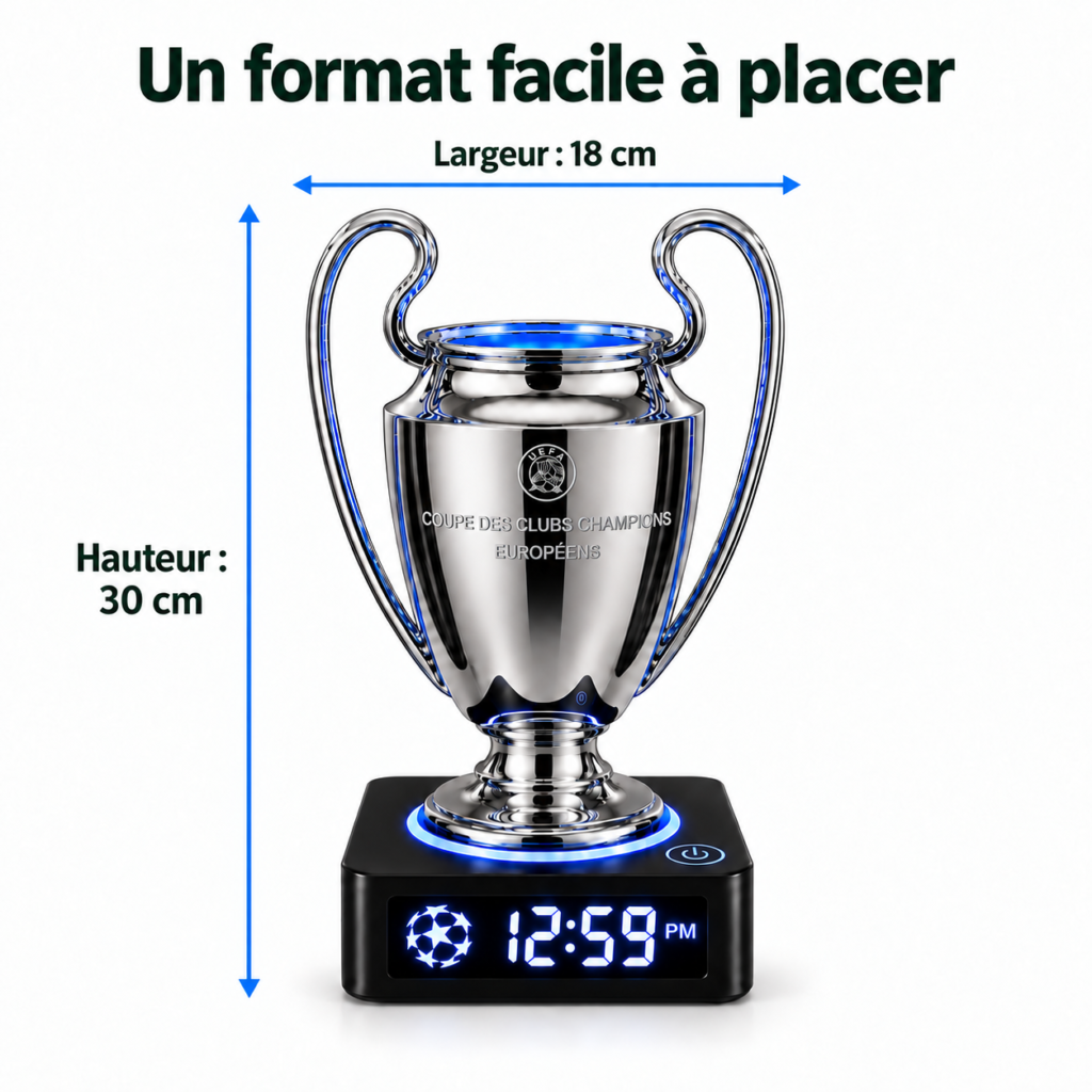 Dimensions du réveil trophée gravé « Coupe des clubs champions européens » : hauteur 30 cm et largeur 18 cm