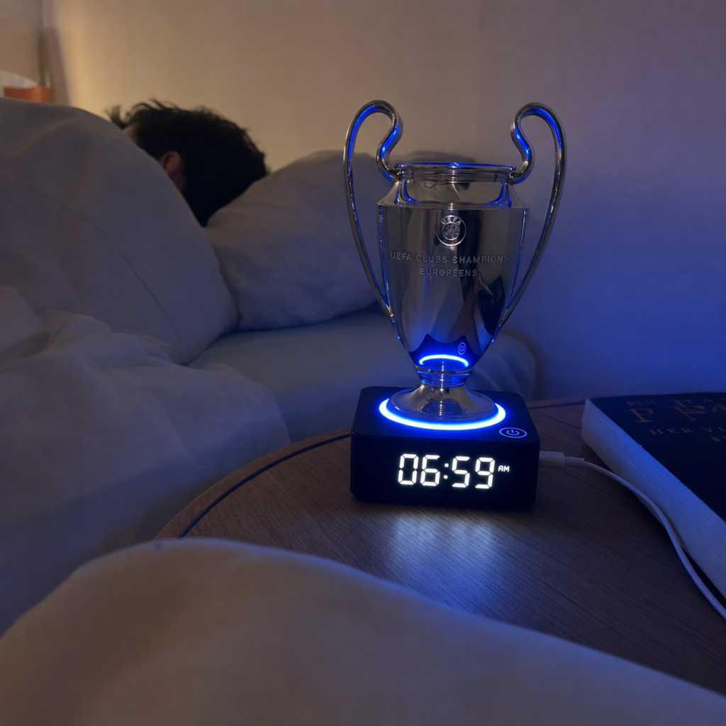 Mise en scène du réveil numérique trophée sur une table de chevet