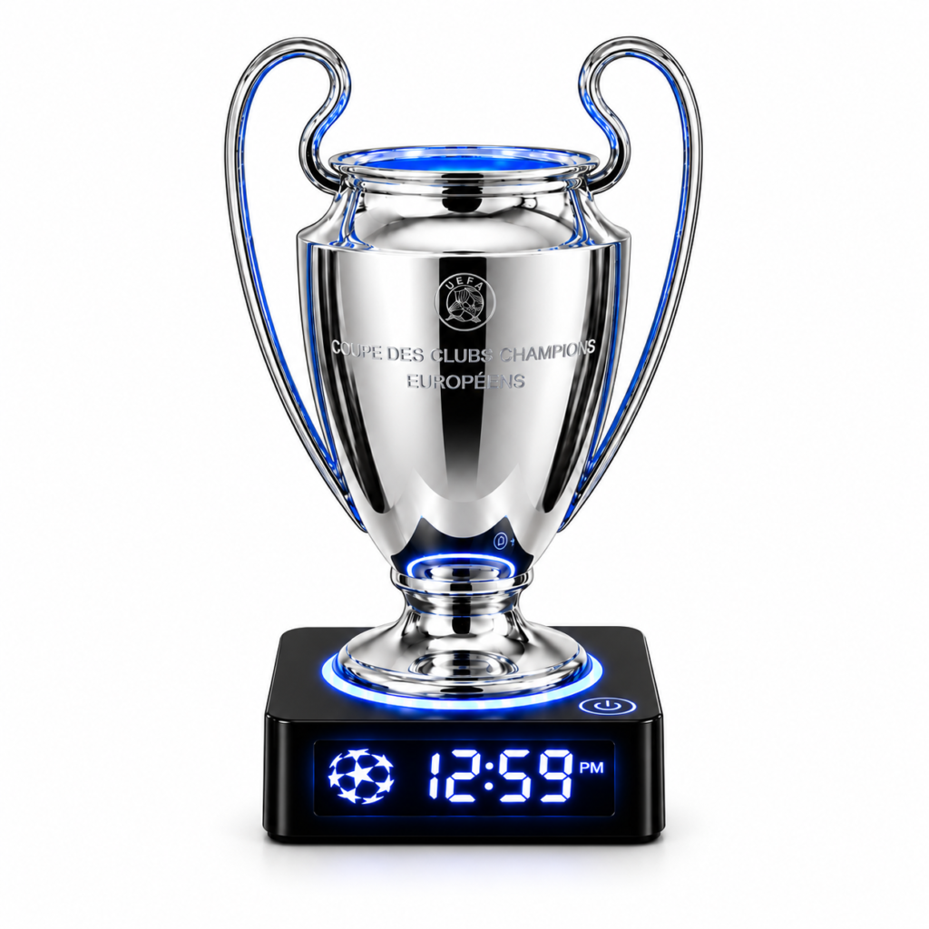 Réveil trophée football argenté sur socle noir, avec affichage numérique et anneau lumineux bleu