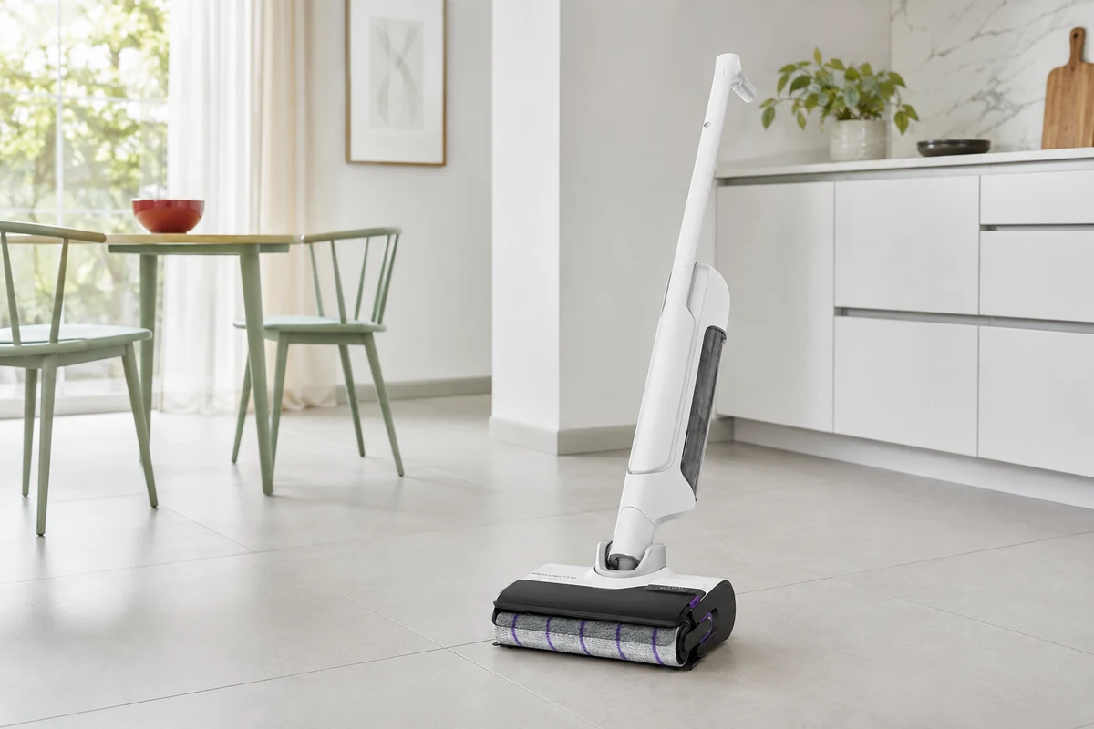 Rowenta X-Clean 10 blanc dans une cuisine carrelée. Mise en scène créée avec l’IA.