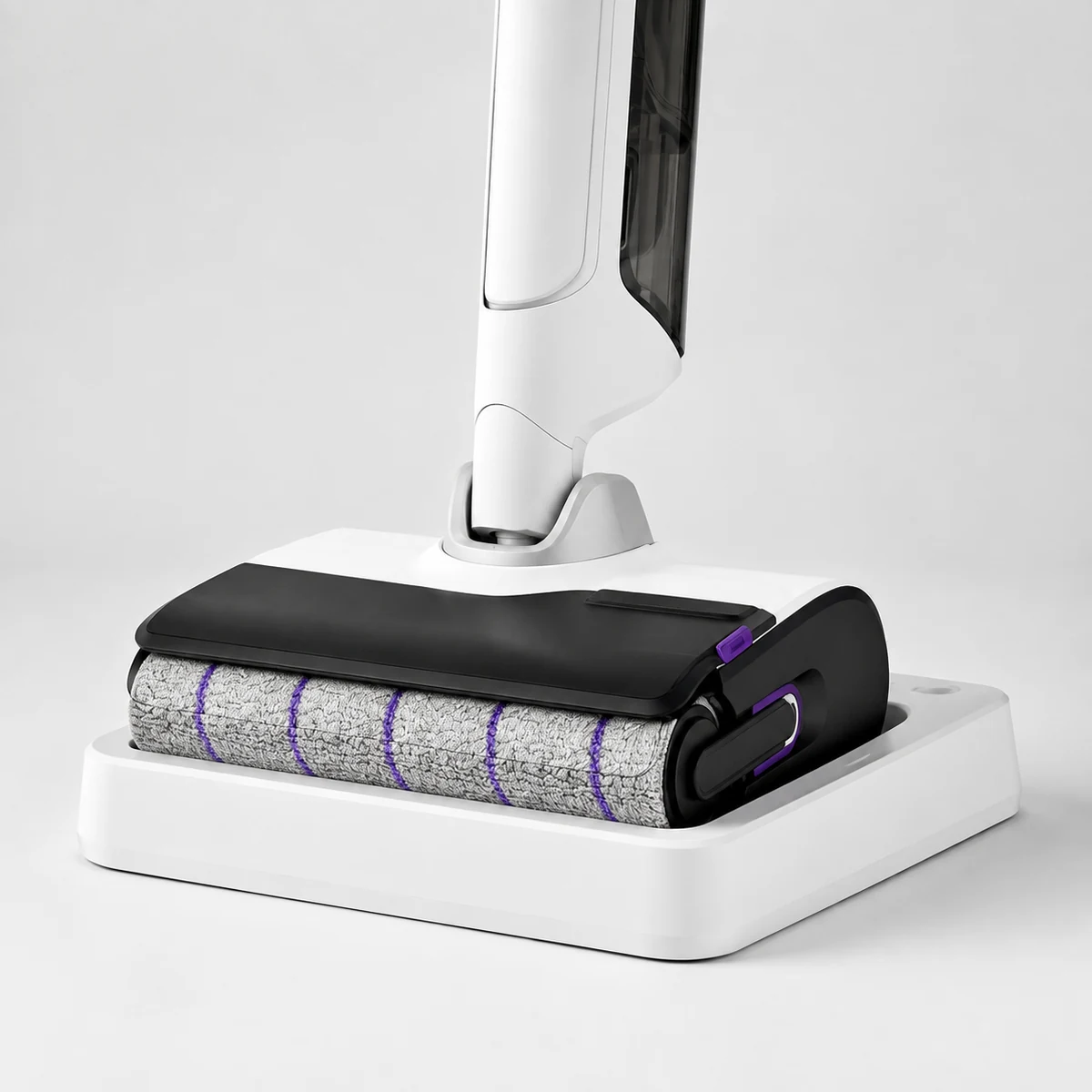 Tête du Rowenta X-Clean 10 dans sa base blanche. Illustration réalisée avec l’IA à partir des photos du modèle.