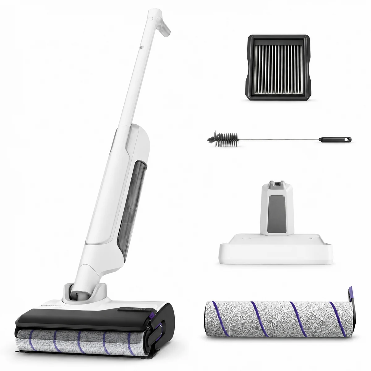 Pack YY5785FE : appareil blanc, base, brosse, filtre et rouleau supplémentaires. Chargeur non représenté. Composition réorganisée avec l’IA.