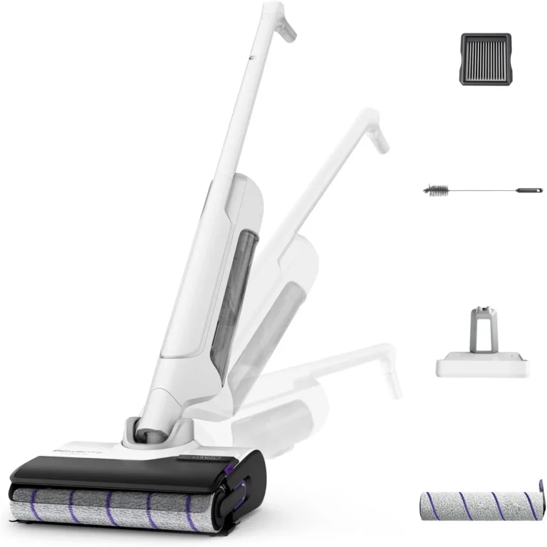 Contenu du colis : appareil, base de charge, chargeur, brosse de nettoyage, rouleau supplémentaire et filtre